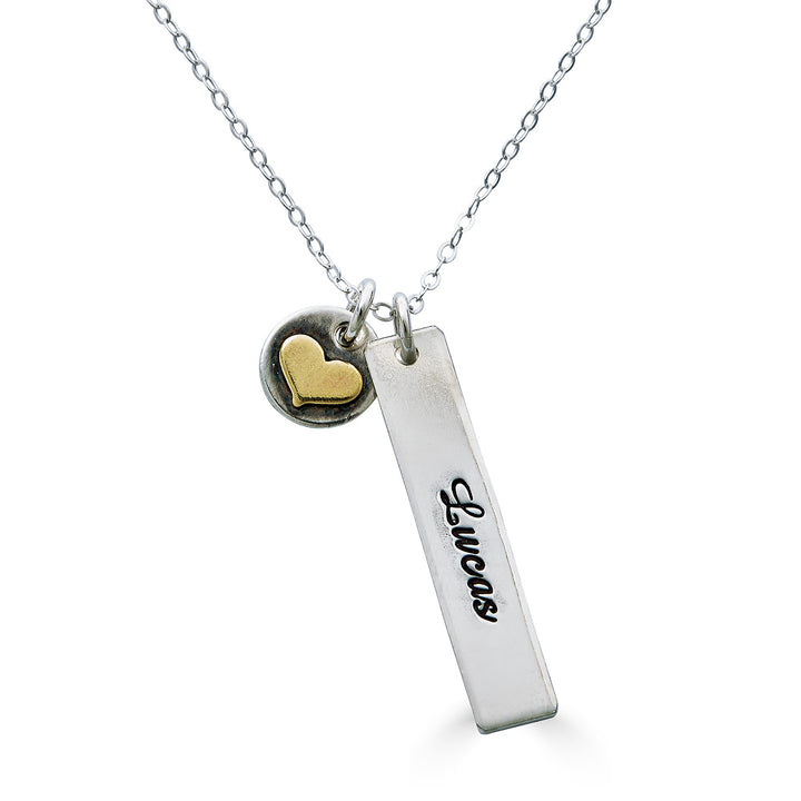 dainty rectangle name bar sterling silver necklace with name and small heart charm
