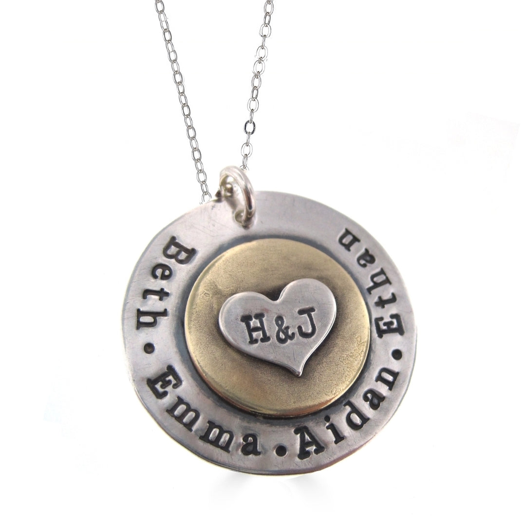 personalized two to four name sterling silver necklace with heart with initials