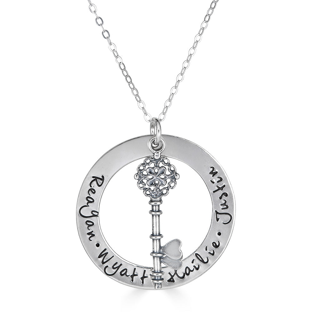 customizable up to four names round washer necklace with fancy key charm in sterling silver