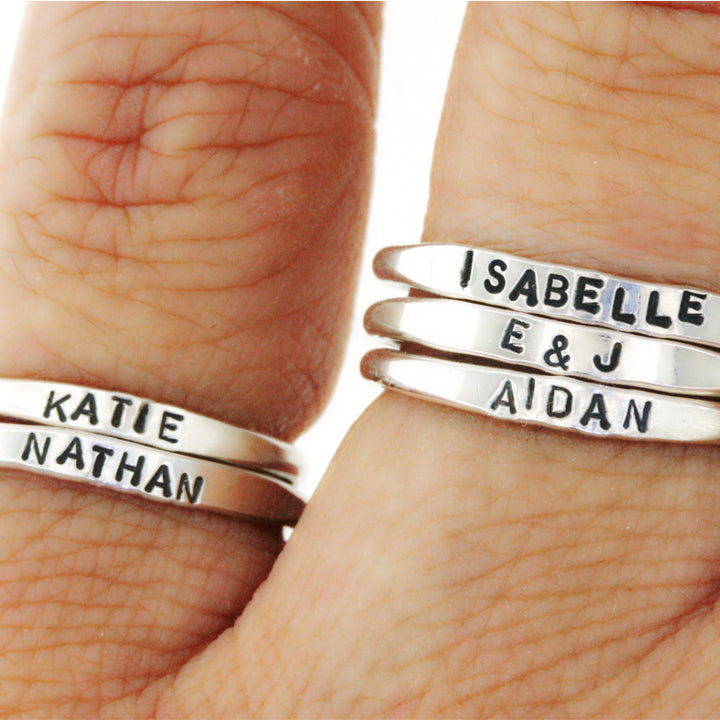 teeny tiny mini letter stacking sterling silver rings with names dates